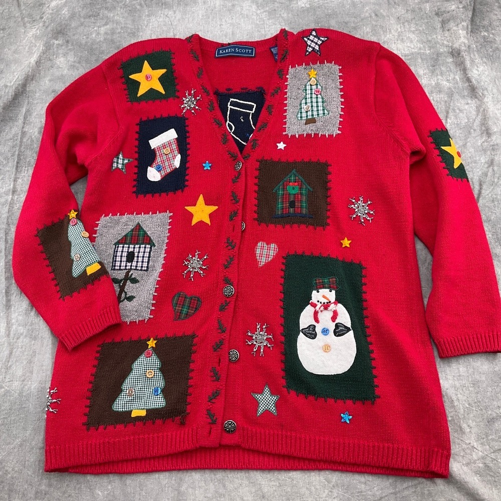 Karen Scott Cardigan Women Medium Red Quilt CHRISTMAS Embellish Knit‎ Sweater
